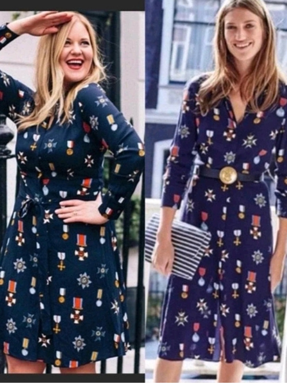 Boden Jessica Button Down Navy Medal Print Long Sleeve A-Line Shirt Dress 4